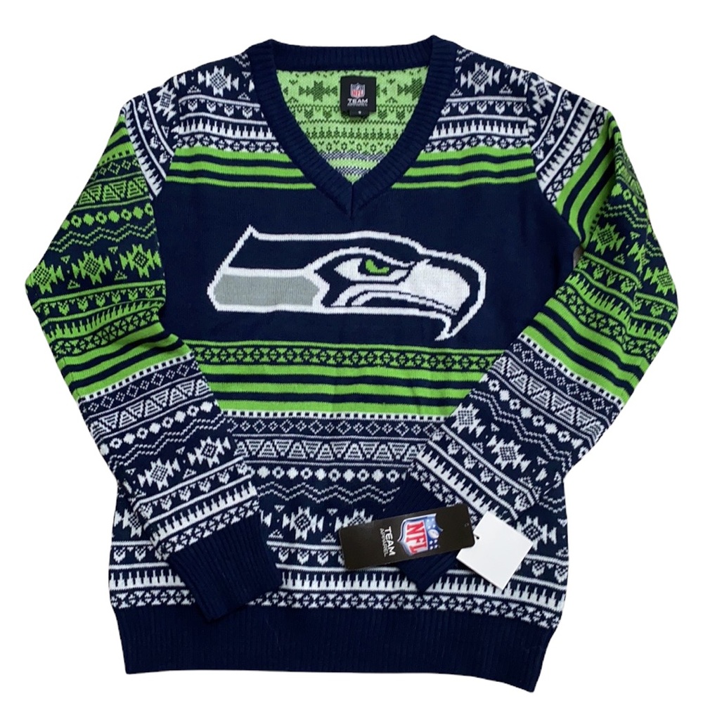 NFL Seattle Seahawks Women’s V-Neck Pullover Holiday Sweater - Small